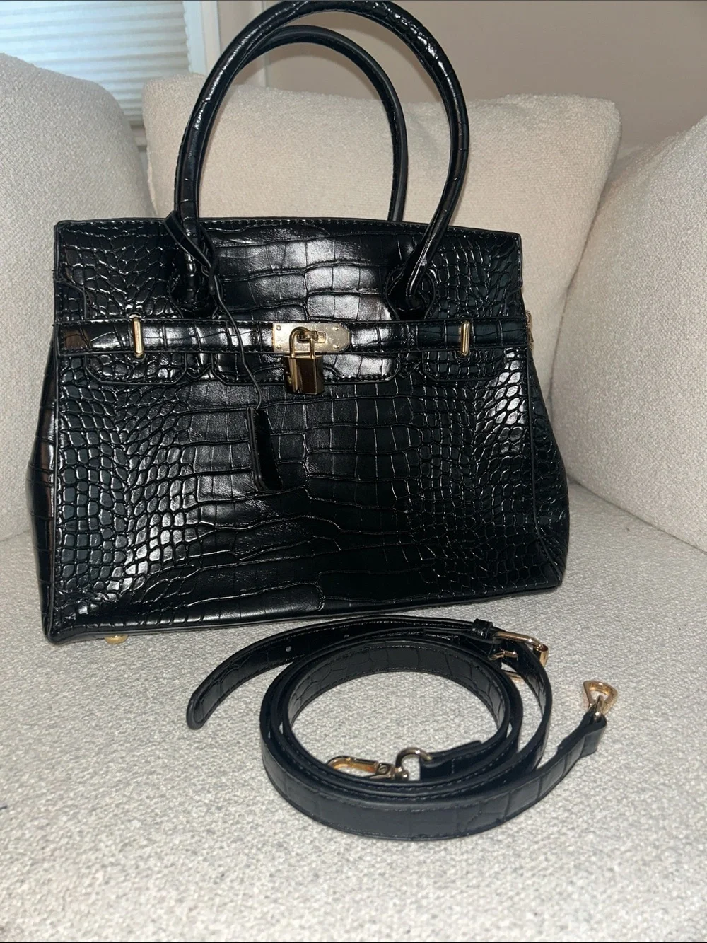 Classic Black Croc-Embossed Satchel Bag